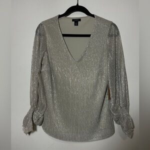 Halogen Metallic Semisheer Bishop Sleeve Blouse in Vintage Pearl NWT size Small